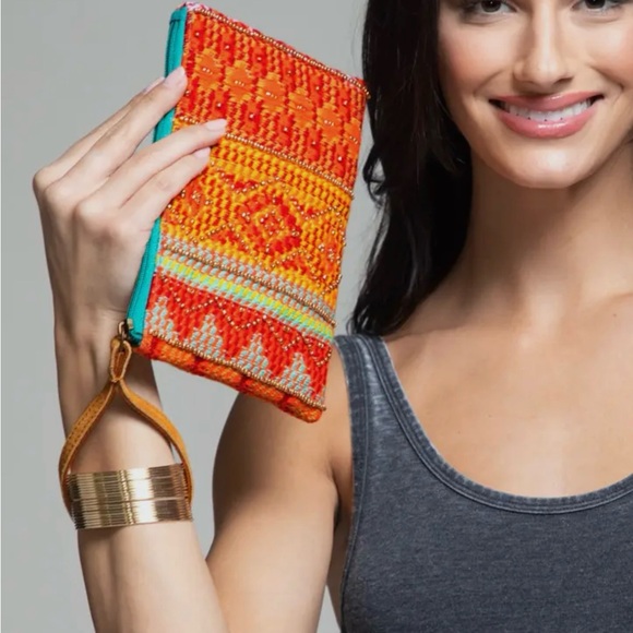 Handbeaded Bohemian Vibrant Orange and Teal Women's Clutch NWT - Picture 4 of 12